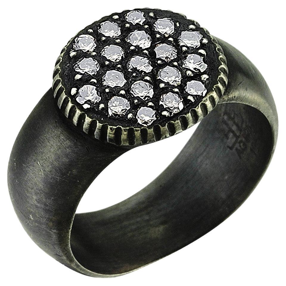 Oxidised Silver Round Ring with Champagne Pave Diamond