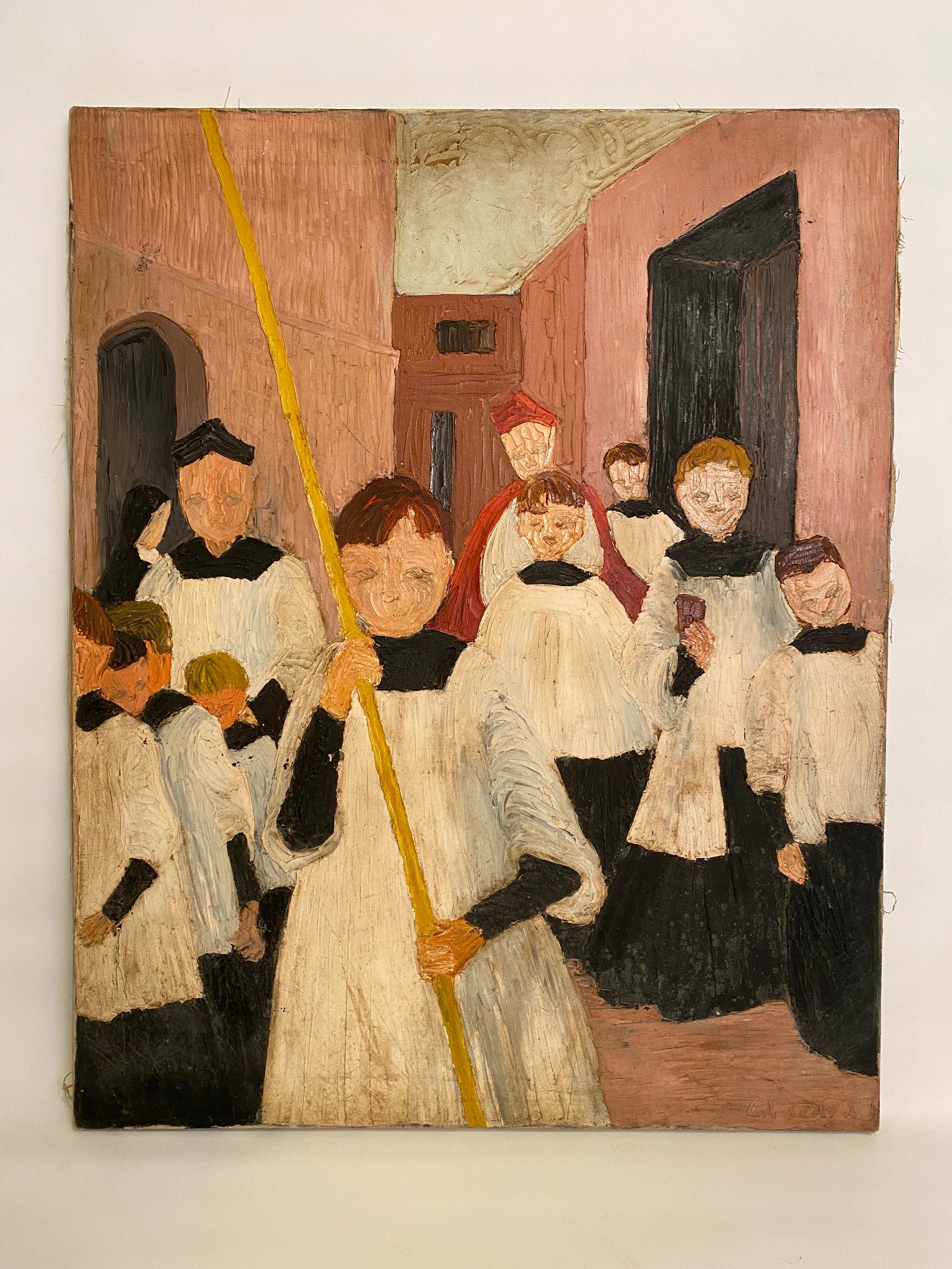 Signed Kitty LaScala modernist procession painting. LaScala has depicted the pomp and ceremony of a Catholic high holy day or Sunday church services. Predominantly faceless characters of altar boys, clergy (bishop or cardinal and a priest) and a
