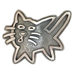 Kitty, medium, pendant, by Melanie Yazzie, Navajo, Indigenous, silver, cat