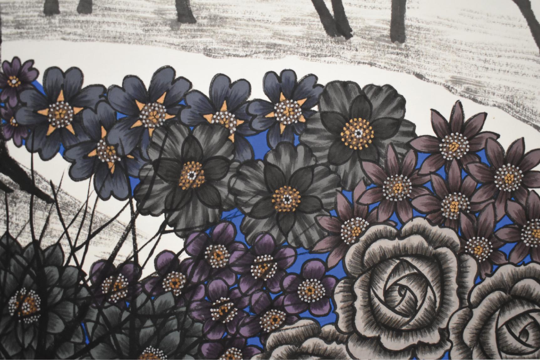 Dark Blue Flowers Blossom In Surrealistic Landscape. Chinese Ink In Modern Era. - Painting by Kium