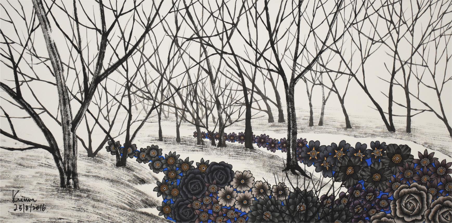Dark Blue Flowers Blossom In Surrealistic Landscape. Chinese Ink In Modern Era.