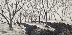 Dark Blue Flowers Blossom In Surrealistic Landscape. Chinese Ink In Modern Era.