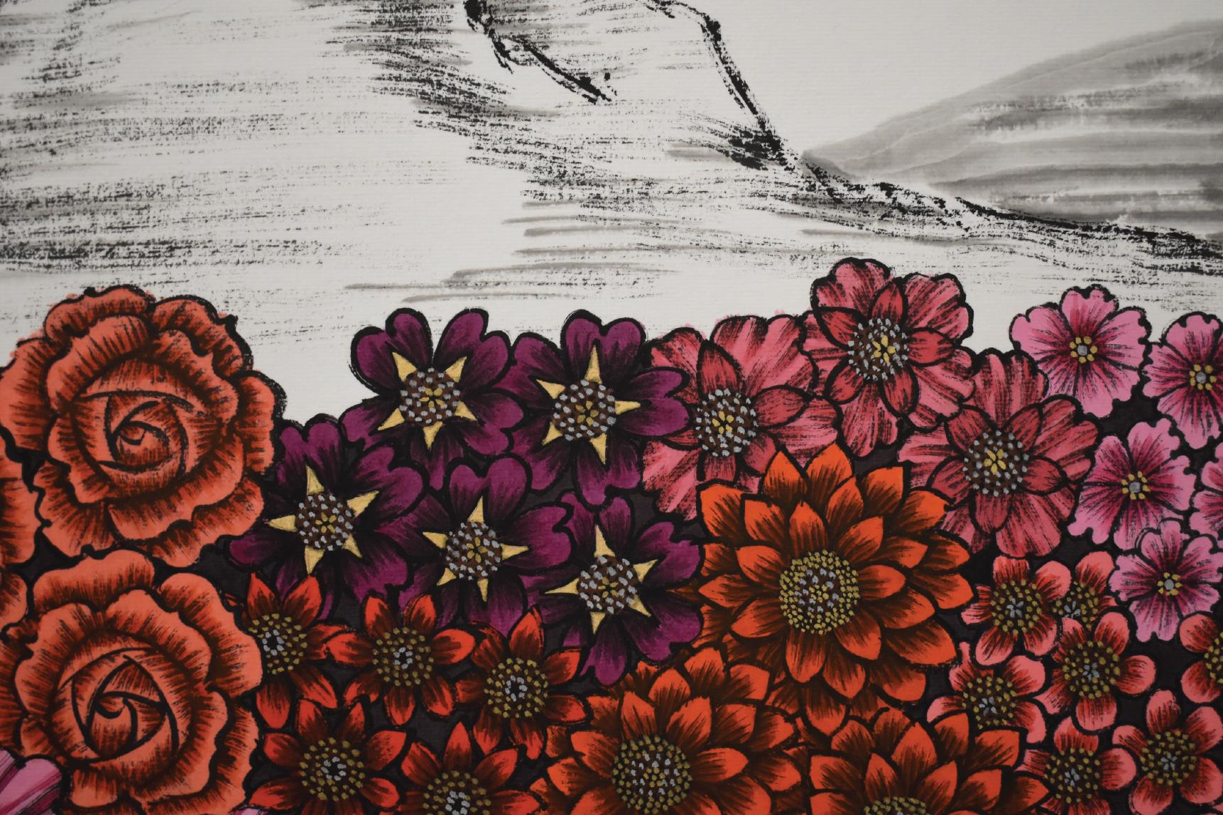 Floating Red Flowers In Surrealistic Landscape. Chinese Ink In Modern Era. - Painting by Kium