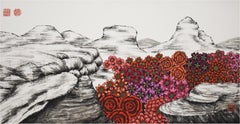 Floating Red Flowers In Surrealistic Landscape. Chinese Ink In Modern Era.
