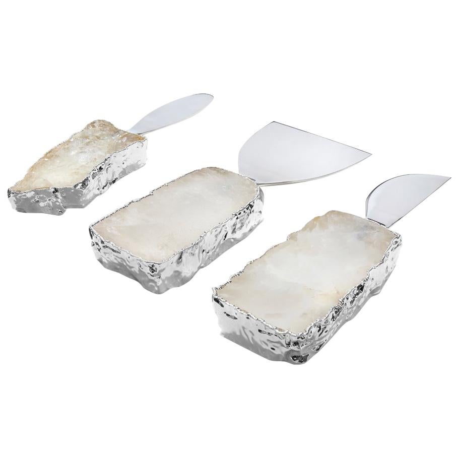 Kiva Cheese Set in Crystal, Pure Silver and Stainless Steel by ANNA New York For Sale