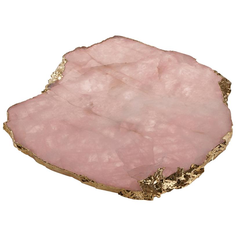 Kiva Large Platter in Rose Quartz and 24 Karat Gold by Anna Rabinowitz For Sale