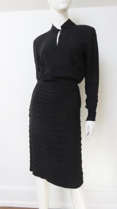 Kiviette 1940s Black Dress with Elaborate Skirt, Silk Inlay Collar, Frog Closure