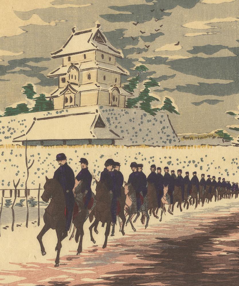 Hand-Crafted Kiyochika 19th Century Ukiyo-e Japanese Woodblock Print Snow Landscape Military For Sale