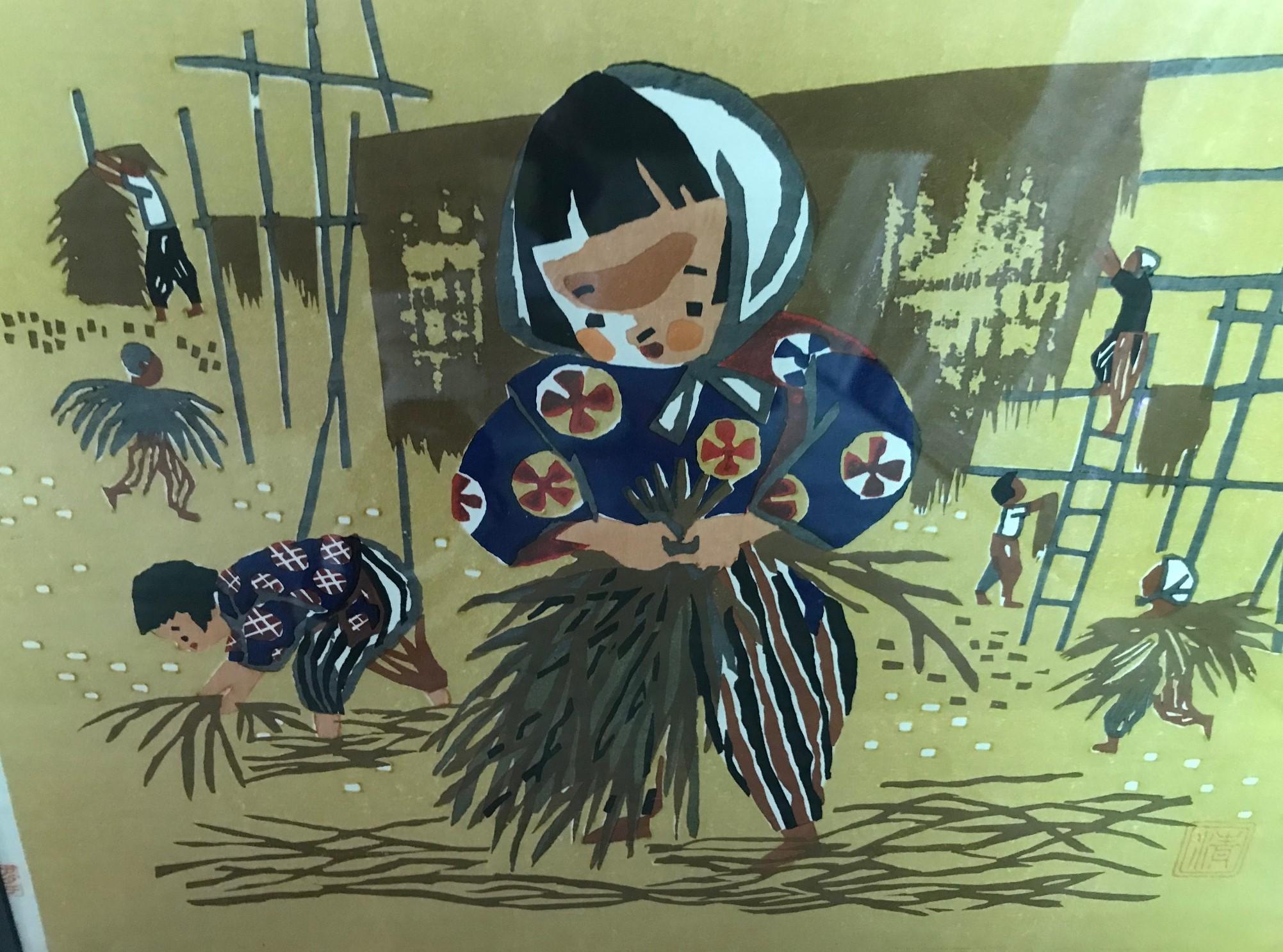 Kiyoshi Saito Early Signed Japanese Woodblock Print Children Rice Harvest In Good Condition In Studio City, CA