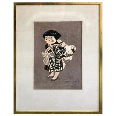 Used Kiyoshi Saito Japanese Woodblock Child in Aizu 'Child Carrying a Baby on Back'
