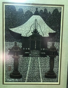 Kiyoshi Saitō firma una stampa su legno giapponese in edizione limitata di un tempio, 1965