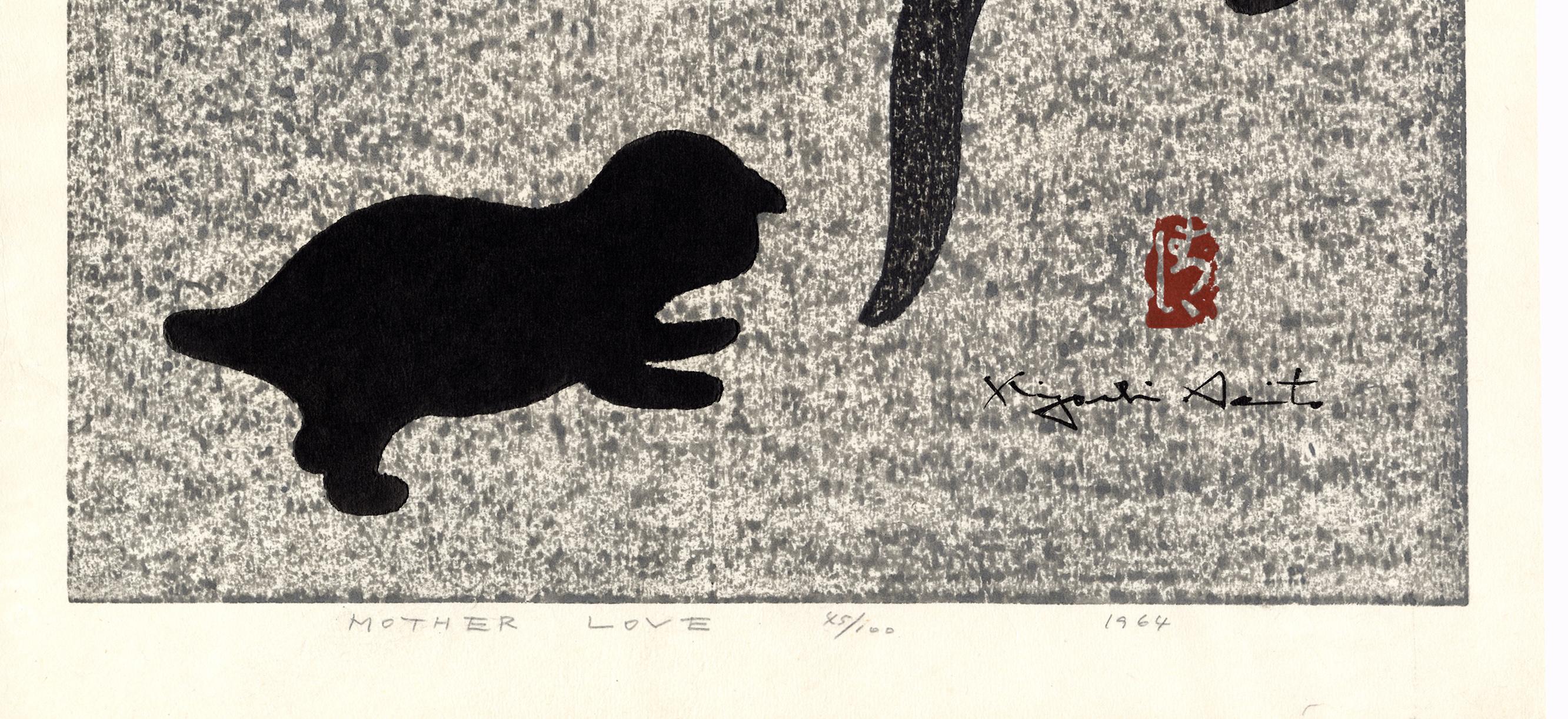Cat and Kittens (Mutterliebe) – Print von Kiyoshi Saitō