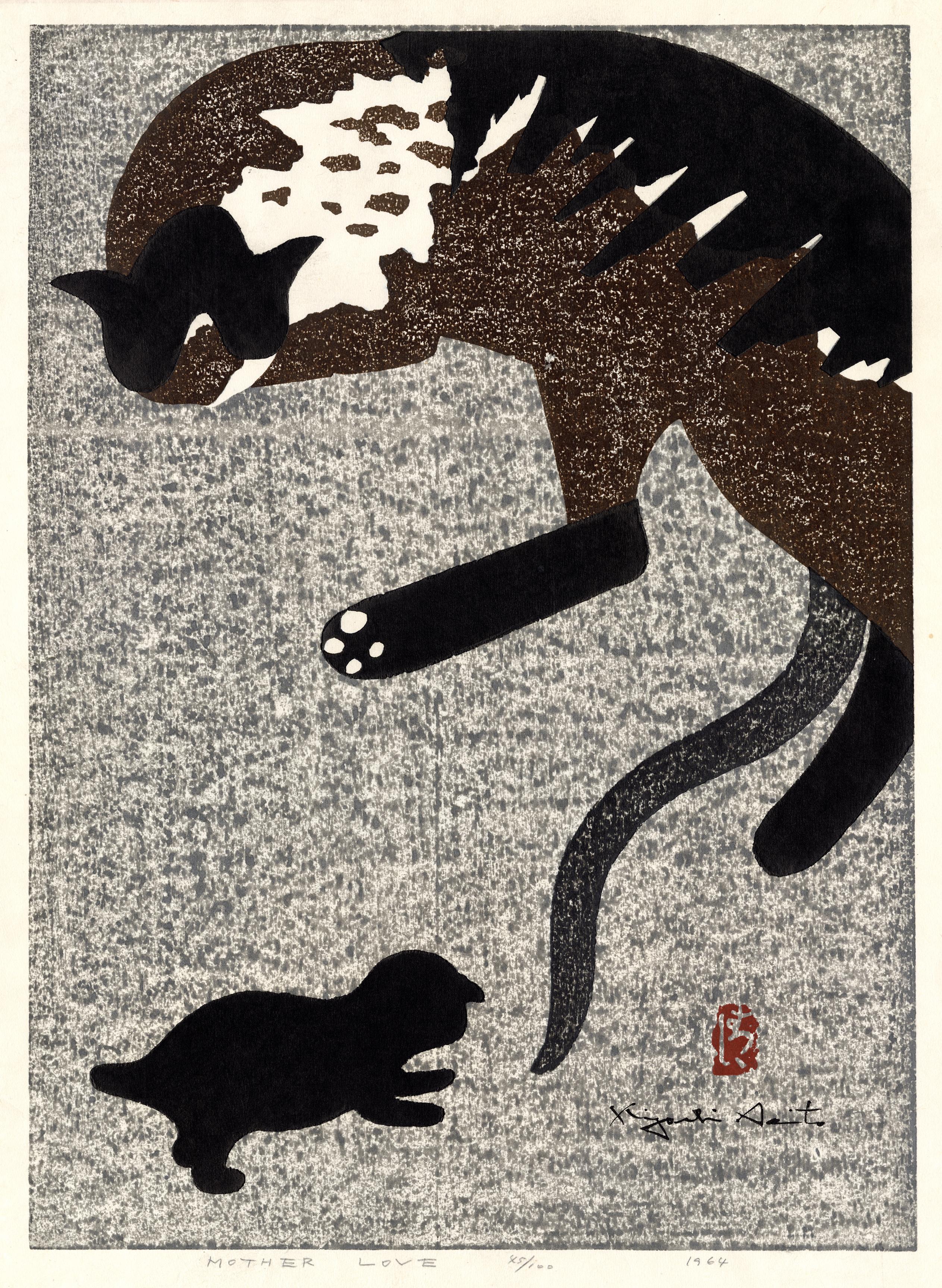 Kiyoshi Saitō Animal Print – Cat and Kittens (Mutterliebe)
