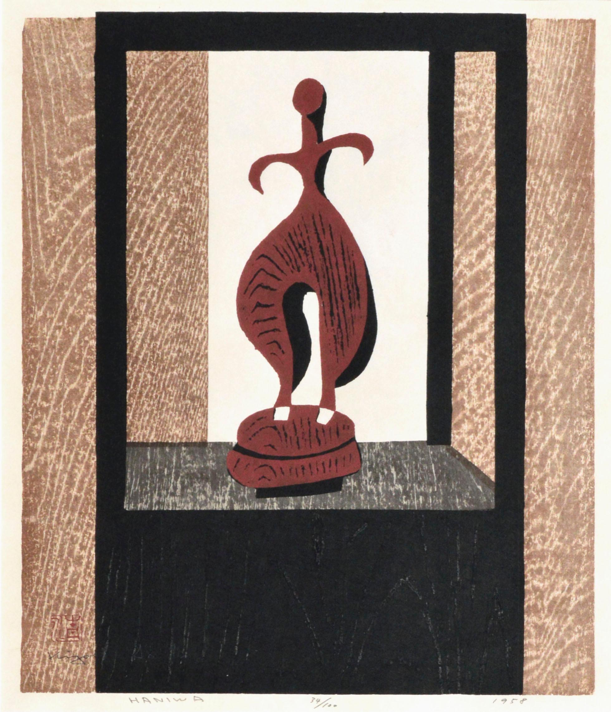 Terracotta, Haniwa Figure - Kofun Period Woodcut - Print by Kiyoshi Saitō