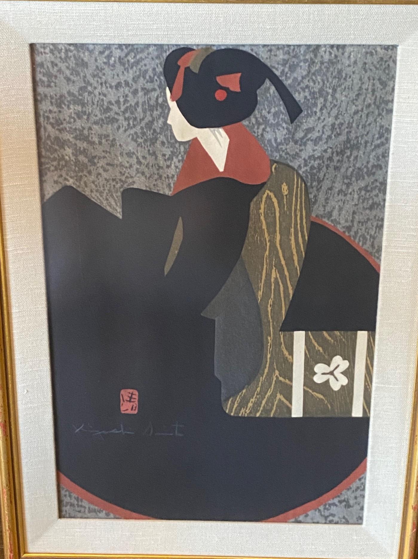 Showa Kiyoshi Saito Signed Japanese Woodblock Geisha Print Maiko Kyoto 2 For Sale