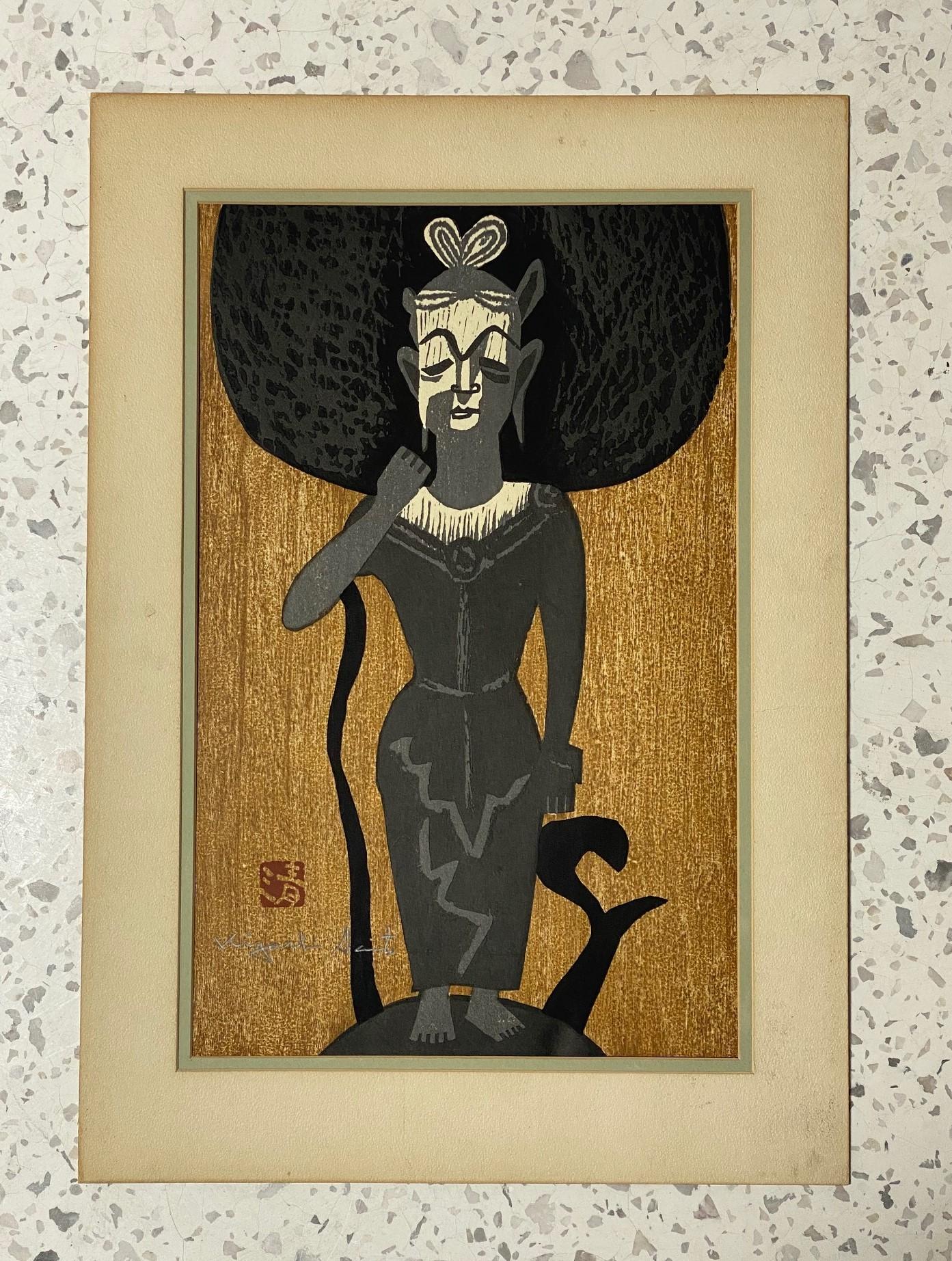 Ein wunderschön und ruhig komponierter Farbholzschnitt des berühmten japanischen Grafikers Kiyoshi Saito. Viele halten Saito für einen der wichtigsten, wenn nicht den wichtigsten zeitgenössischen japanischen Grafiker des 20. Dieser Druck trägt den