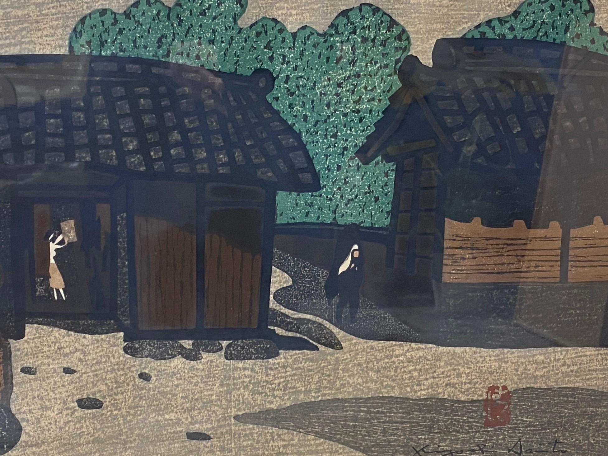 Mid-20th Century Kiyoshi Saito Signed Japanese Woodblock Print Ikarugano-Sato Horyu-Ji Nara A For Sale