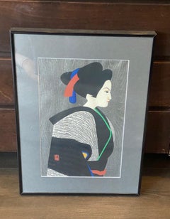 Kiyoshi Saito Signed Japanese Woodblock Print of Geisha Maiko Puppet Bunraku