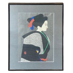 Kiyoshi Saito Signed Japanese Woodblock Print of Geisha Maiko Puppet Bunraku