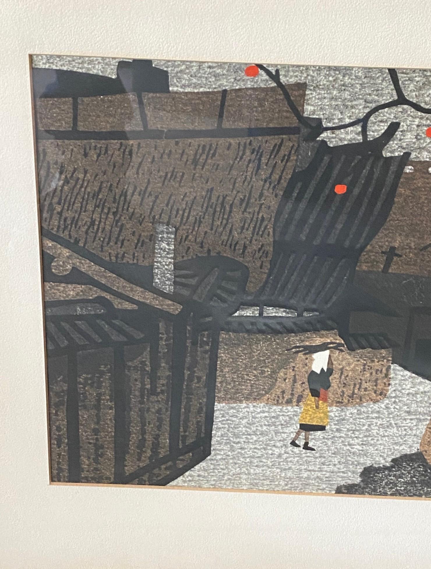 Giapponese Kiyoshi Saito firma la stampa su blocco di legno giapponese Persimmons Street, circa 1960 in vendita