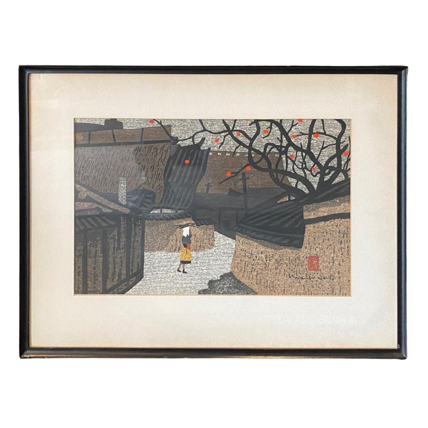 Kiyoshi Saito Signierter Japanischer Farbholzschnitt Persimmons Street, um 1960 im Angebot