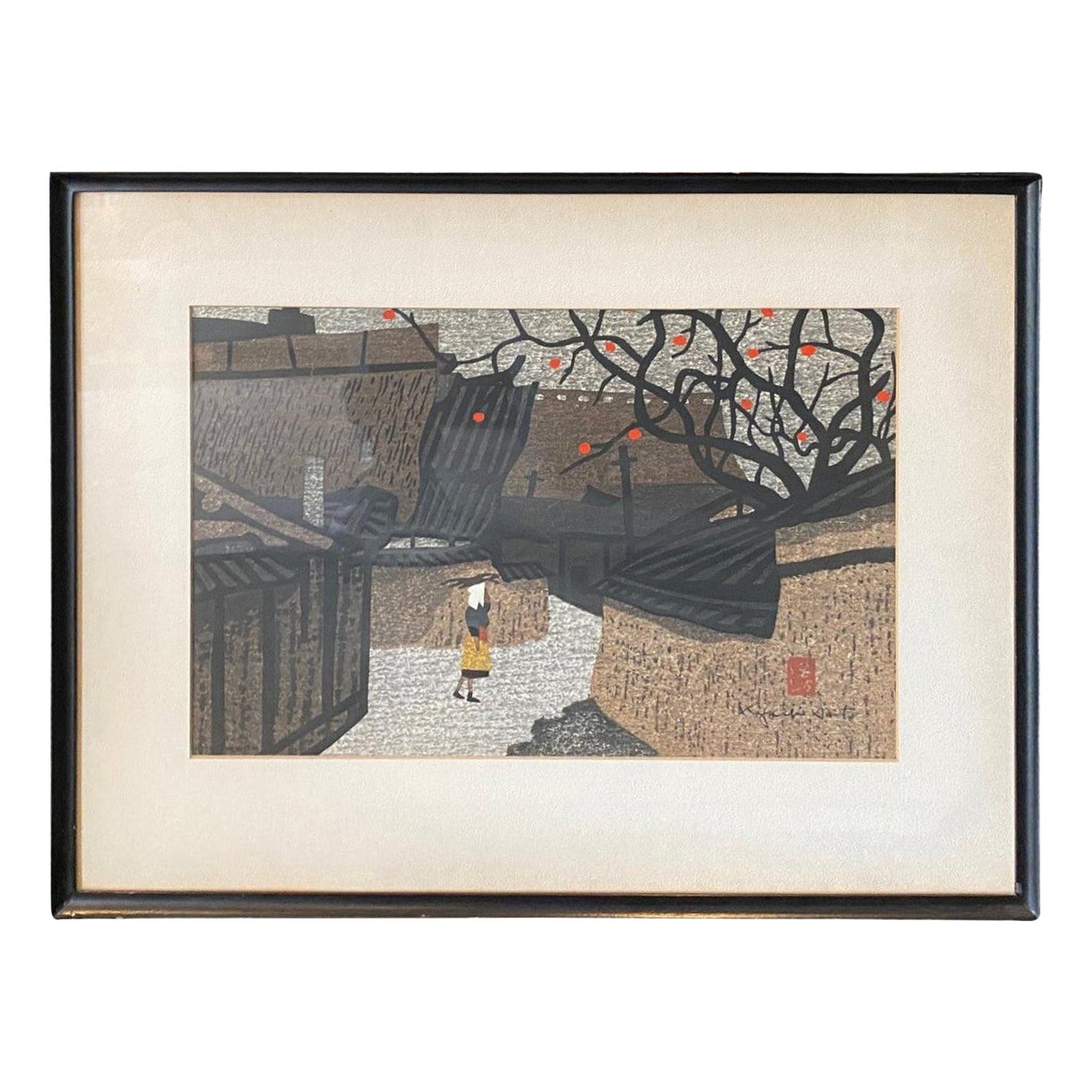 Kiyoshi Saito Signed Japanese Woodblock Print Persimmons Street, circa 1960 For Sale