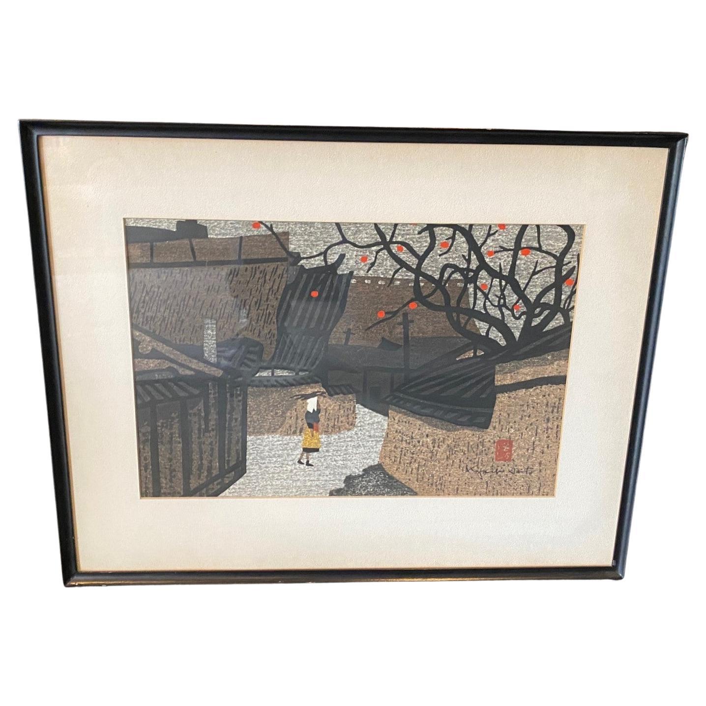 Kiyoshi Saito firma la stampa su blocco di legno giapponese Persimmons Street, circa 1960 in vendita