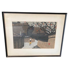 Vintage Kiyoshi Saito Signed Japanese Woodblock Print Persimmons Street, circa 1960