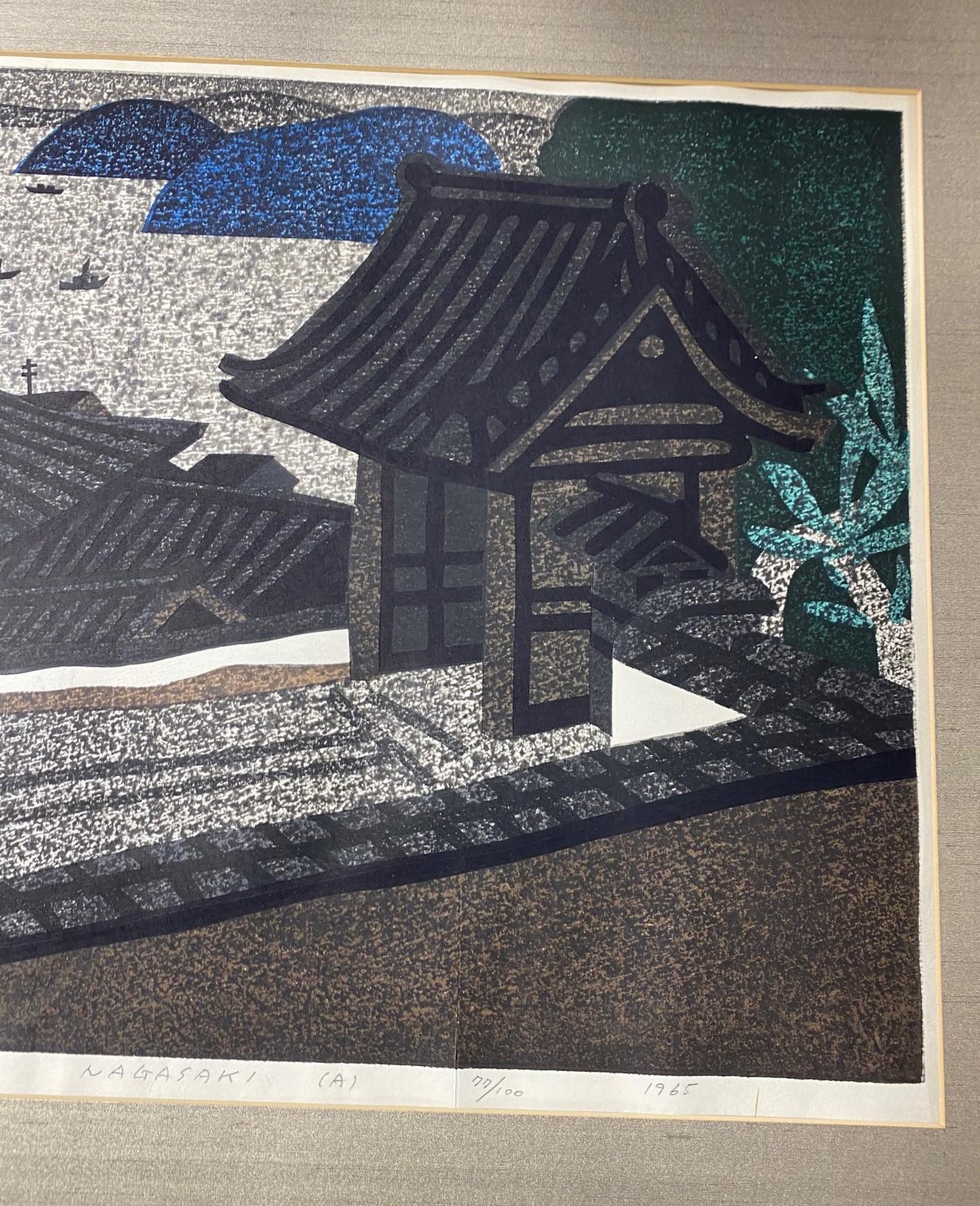 Japonais Kiyoshi Saito - Édition limitée de la gravure sur bois japonaise Hirato Nagasaki A en vente