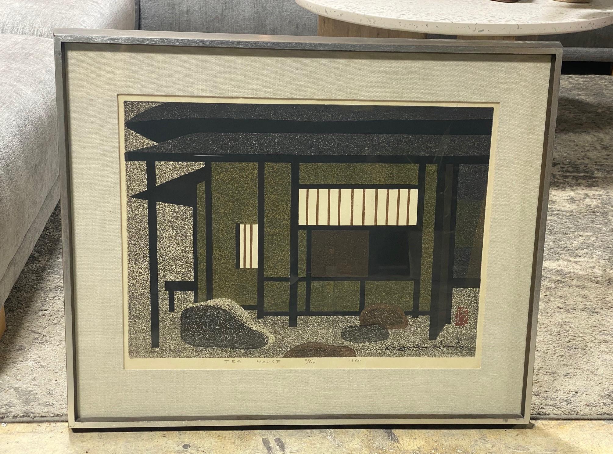 Showa Kiyoshi Saito Signed Limited Edition Japanese Woodblock Print Tea House, 1965 For Sale