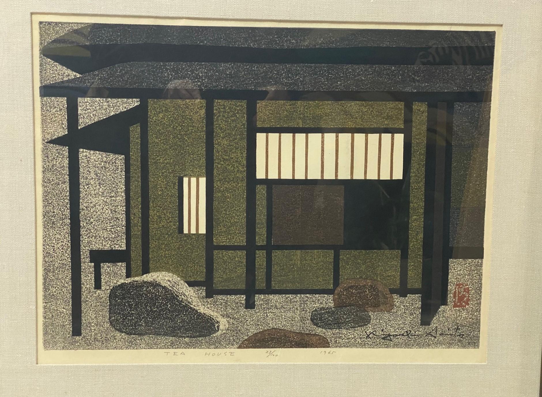 Giapponese Kiyoshi Saito firma l'edizione limitata della stampa su legno giapponese Tea House, 1965 in vendita