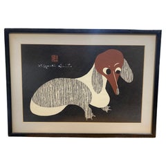 Retro Kiyoshi Saito Signed & Sealed Japanese Woodblock Print Dachshund (B) Dog Sitting