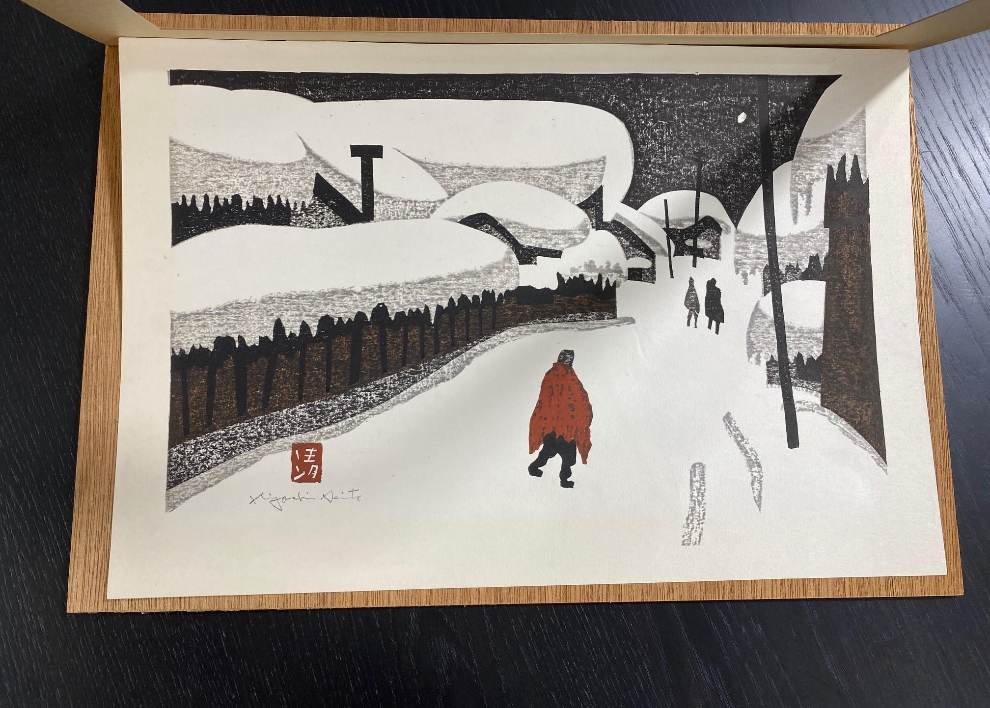 Kiyoshi Saito Signed Sealed Japanese Woodblock Print Winter in Aizu the Red Coat 1