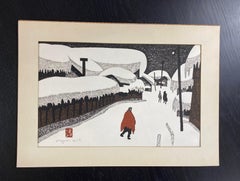 Kiyoshi Saito Signed Sealed Japanese Woodblock Print Winter in Aizu the Red Coat