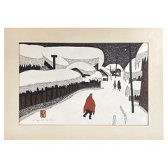 Vintage Kiyoshi Saito Signed Sealed Japanese Woodblock Print Winter in Aizu the Red Coat