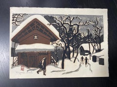 Kiyoshi Saito Signed Sealed Japanese Woodblock Print Winter in Aizu the Skiers