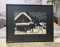 Kiyoshi Saito Signed & Sealed Japanese Woodblock Print Winter in Aizu the Skiers