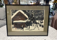 Kiyoshi Saito Signed & Sealed Japanese Woodblock Print Winter in Aizu the Skiers