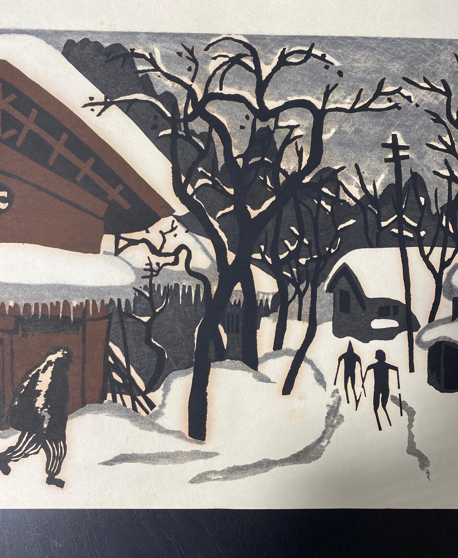 Kiyoshi Saito Signed Sealed Japanese Woodblock Print Winter in Aizu the Skiers In Good Condition In Studio City, CA