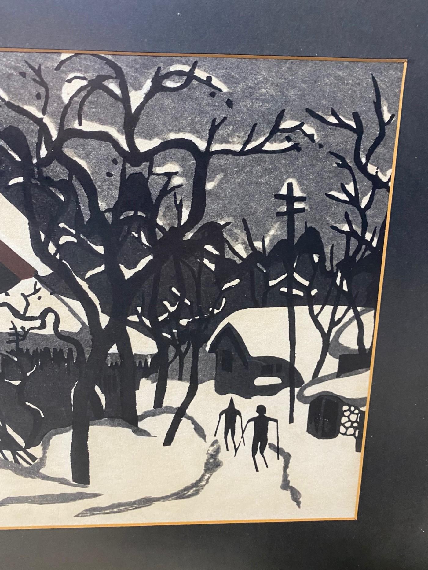 Mid-20th Century Kiyoshi Saito Signed & Sealed Japanese Woodblock Print Winter in Aizu the Skiers