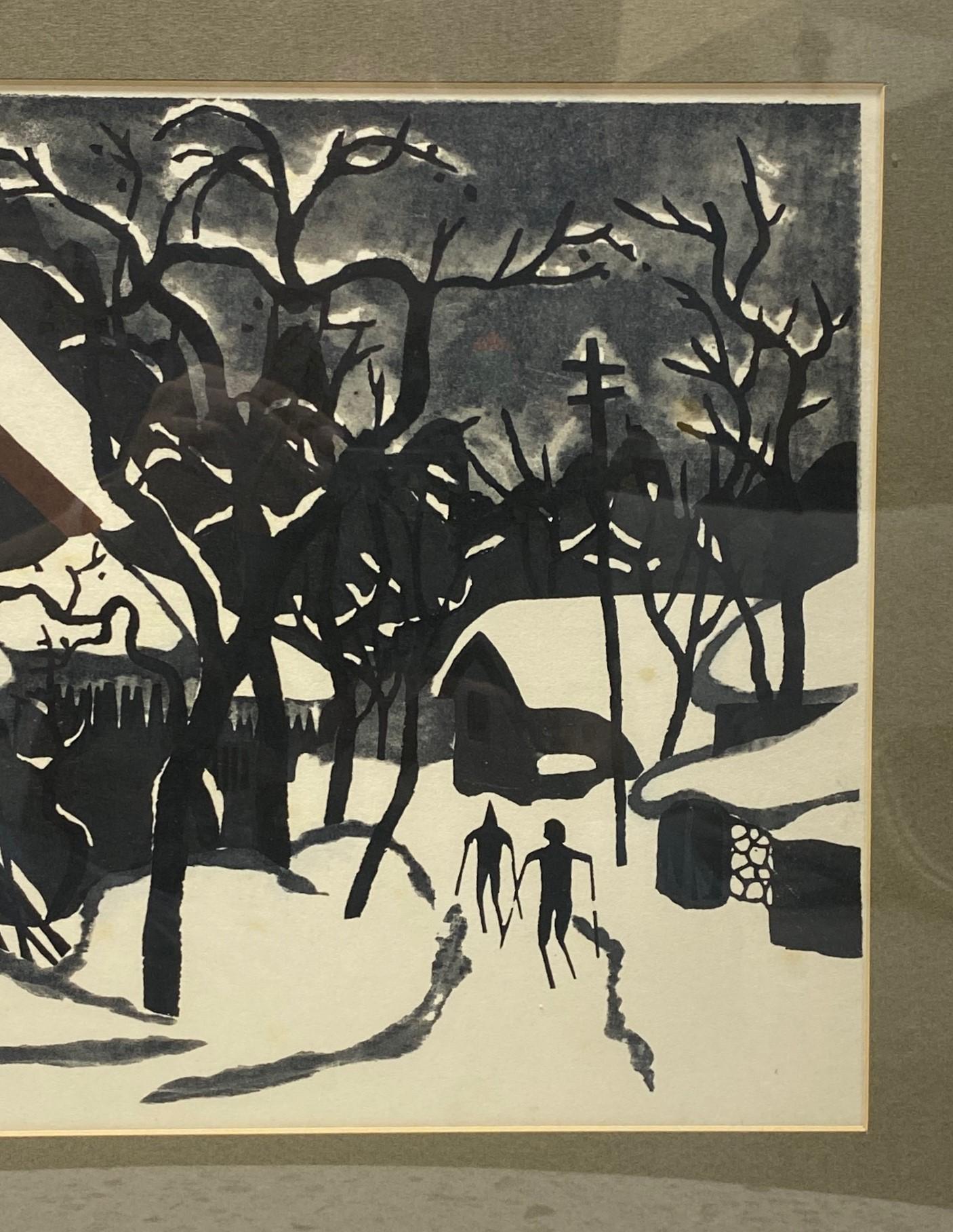 Paper Kiyoshi Saito Signed & Sealed Japanese Woodblock Print Winter in Aizu the Skiers For Sale
