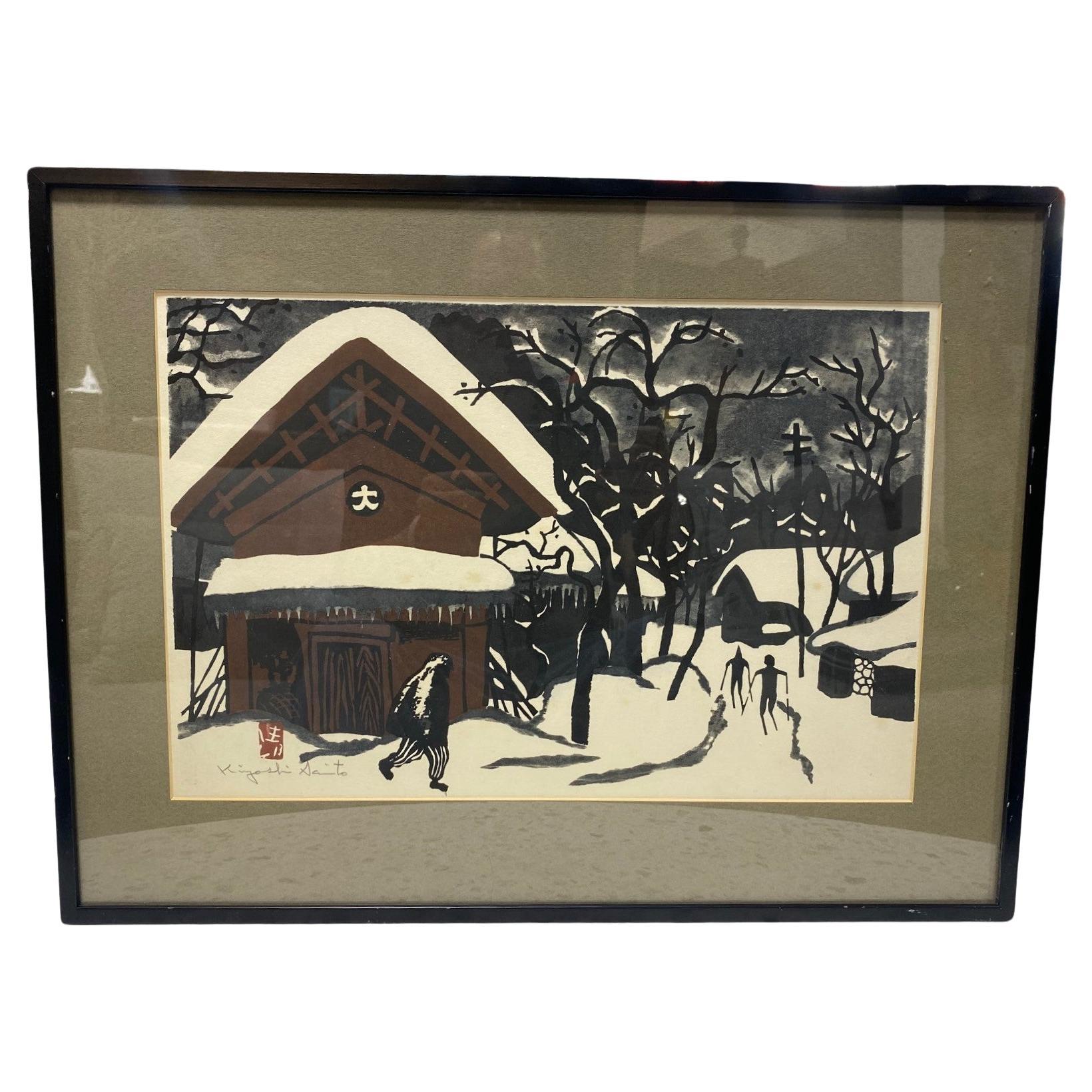 Kiyoshi Saito Signed & Sealed Japanese Woodblock Print Winter in Aizu the Skiers For Sale