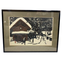 Vintage Kiyoshi Saito Signed & Sealed Japanese Woodblock Print Winter in Aizu the Skiers