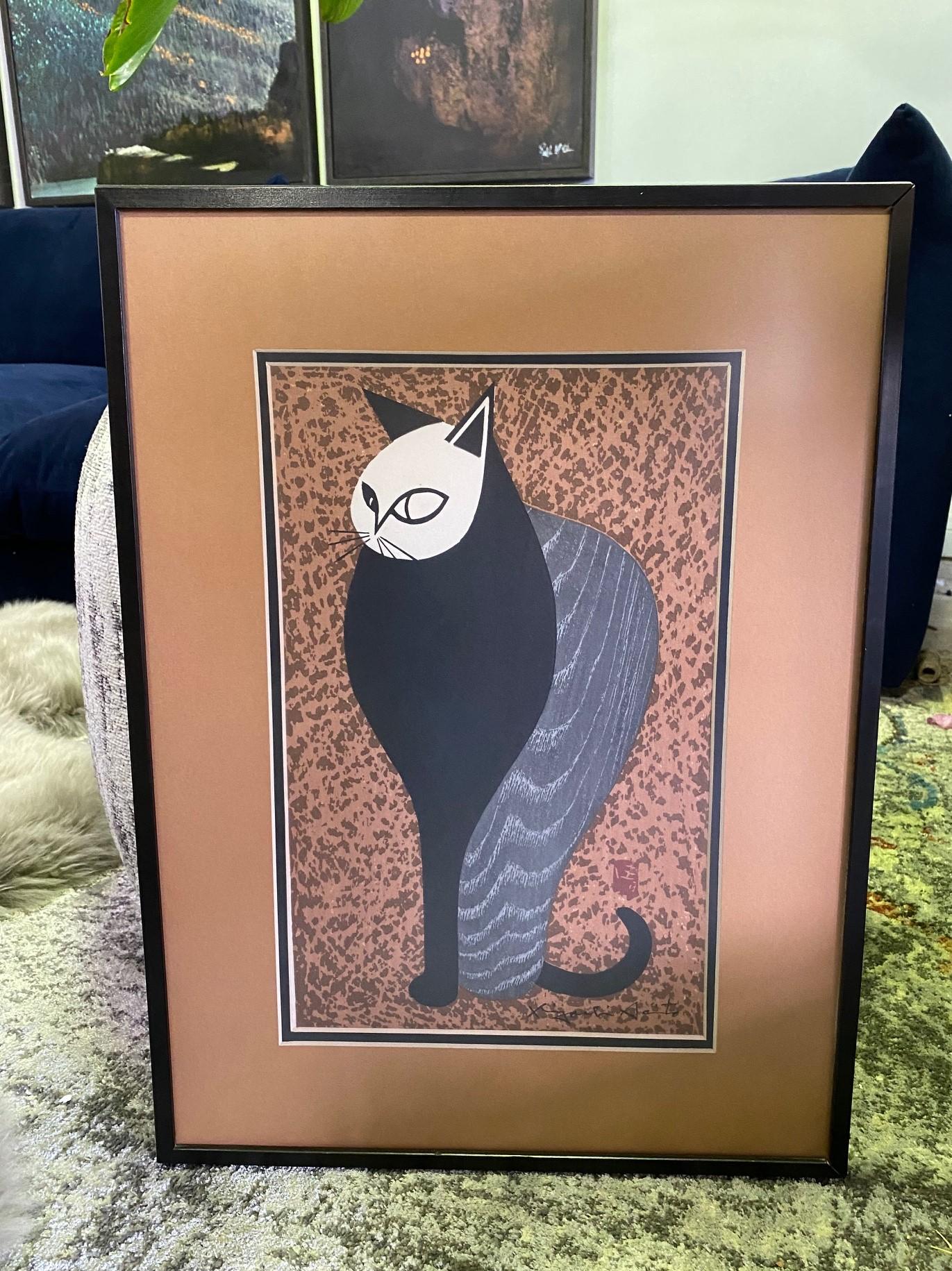 A wonderfully composed woodblock print by famed Japanese printmaker Kiyoshi Saito. Many consider Saito to be one of the most important, if not the most important, contemporary Japanese printmakers of the 20th century. Saito's cat prints are some of