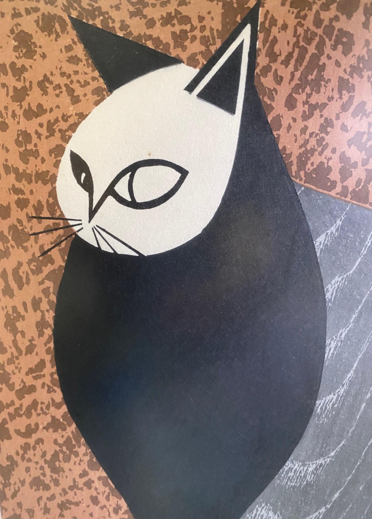 Showa Kiyoshi Saito Signed Stamped Japanese Woodblock Print of Pensive Cat, 1960