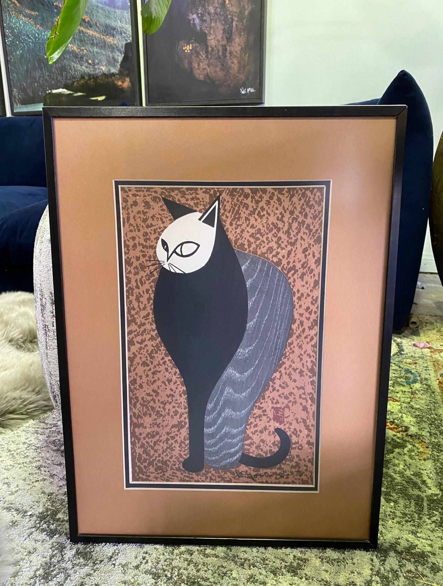 Paper Kiyoshi Saito Signed Stamped Japanese Woodblock Print of Pensive Cat, 1960