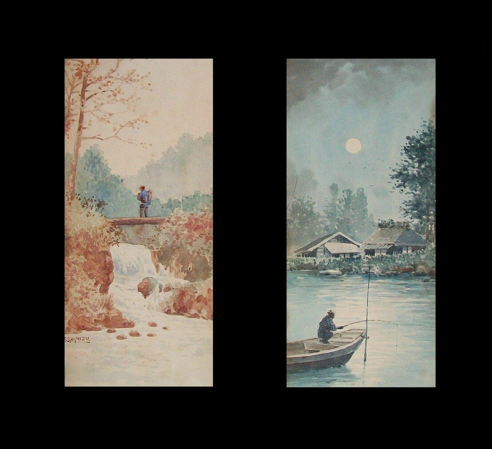 KIYOSHI SHIMIZU (1900-1969 Japan / United States) - Untitled ('Day & Night') - Rare antique pair of Japanese themed watercolor paintings on paper - both paintings featuring a lone figure set against a water filled landscape, both male figures