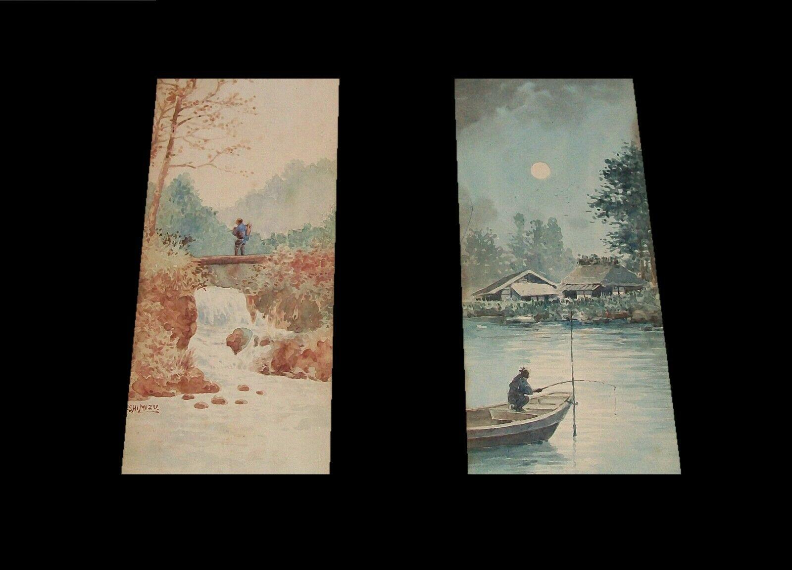 Hand-Painted Kiyoshi Shimizu, 'Day & Night', Pair of Watercolor Paintings, U.S.a., C.1925 For Sale