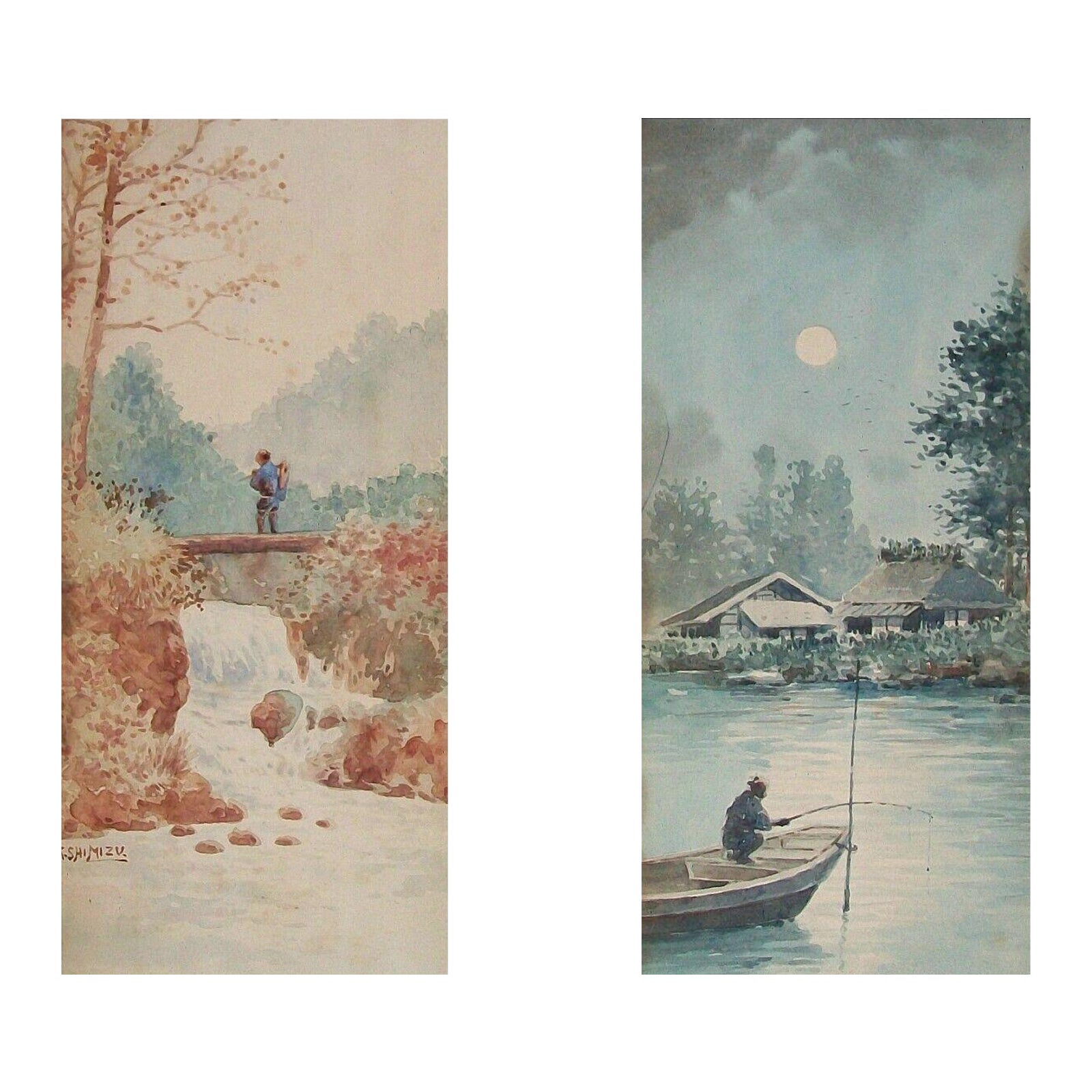 Kiyoshi Shimizu, „Tag und Nacht“, Paar Aquarellgemälde, USA, um 1925 im Angebot