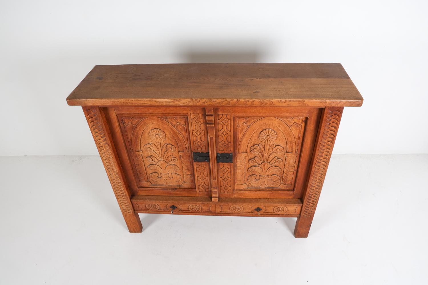 Iron Kjaernulf Style Brutalist Danish Oak Sideboard Cabinet, Circa 1970's For Sale